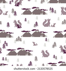 Wolf Forest and Mountain Vector Graphic Illustration Seamless Pattern can be use for background and apparel design