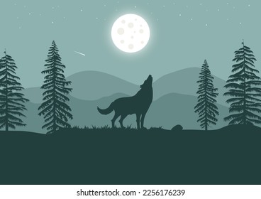 Wolf in the forest at night with a full moon. Vector illustration.