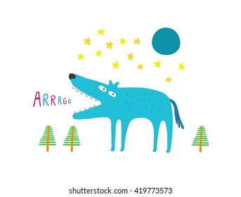 Wolf in the forest at night, full moon and stars, vector illustration
