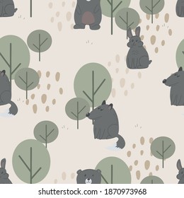 Wolf im Wald. Nahtloser Hintergrund mit süßen Tieren. Dekorative Tapeten für die Kindergarten im skandinavischen Stil. Vektorgrafik. Geeignet für Kinderbekleidung, Innenausstattung, Verpackung