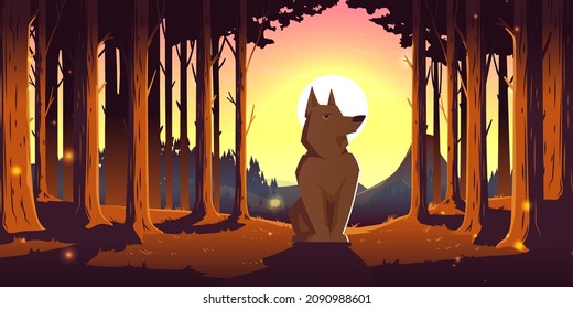 Wolf in forest, wild animal sitting in deep wood with trees around and Sun shining above mountain peaks. Wild dog with brown fur, lupus in outdoor zoo park, wildlife, Cartoon vector illustration