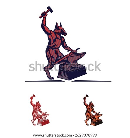 wolf forging sword on anvil. Wolf with sword. Graphics, sign, symbol, logo