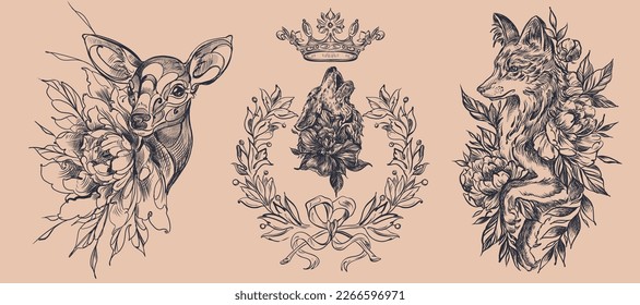 Wolf, fox, deer, flowers, peonies, buds, leaves, branches, wreath, crown, graphics, strokes, on a beige background, silhouette, lines, in the style of tattoo graphics. t-shirt print graphic design. 