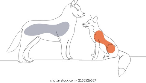 wolf and fox drawing in one continuous line, isolated, vector