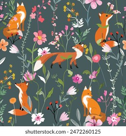 Wolf fox in flower forest seamless pattern, colorful floral garden