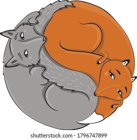 wolf and fox in the form of a yin yang sign