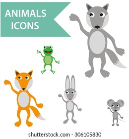 wolf, fox, frog, rabbit and mouse set in flat style. Vector isolated collection.