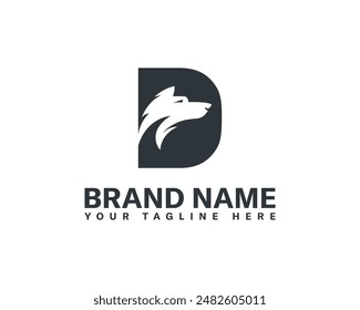 Wolf and fox head with letter creative combination logo. Letter D and wolf head combination logo design.