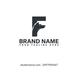 Wolf and fox head with letter creative combination logo. Letter F and wolf head combination logo design.