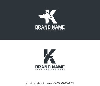 Wolf and fox head with letter creative combination logo. Letter K and wolf head combination logo design.