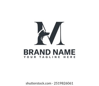 Wolf and fox head with letter creative combination logo. Letter M and wolf head combination logo design.