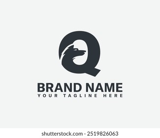 Wolf and fox head with letter creative combination logo. Letter Q and wolf head combination logo design.