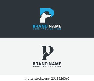 Wolf and fox head with letter creative combination logo. Letter P and wolf head combination logo design.