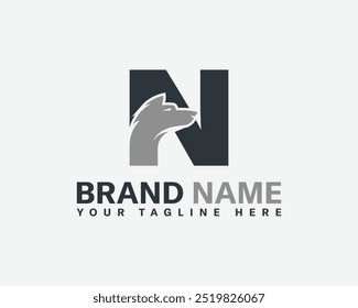 Wolf and fox head with letter creative combination logo. Letter N and wolf head combination logo design.