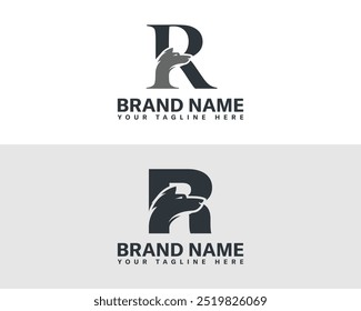 Wolf and fox head with letter creative combination logo. Letter R and wolf head combination logo design.