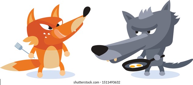 Wolf and Fox ready to eat scrambled eggs