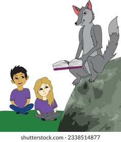 Wolf Fox sentado en una piedra de la montaña, enseñando a los niños (Editable) - Ilustración vectorial