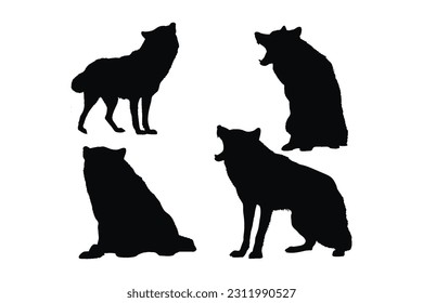 Wolf Ganzkörpersilhouette Kollektion. Weißwölfe-Wolfsmilch-Bundle. Gefährliche Wildtiere wie Wolf, Silhouetten auf weißem Hintergrund. Wilde Wölfe sitzen und heulen in verschiedenen Positionen.