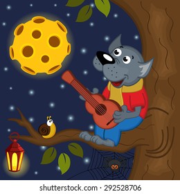 wolf at full moon plays guitar  - vector illustration, eps