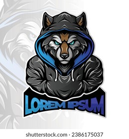 Wolf gamer esport mascot logo illustration, wolf face with hoodie jacket illustration design, fox.