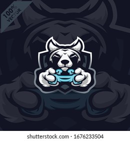 Wolf Gamer holding Game-pad Joystick. Mascot logo design modern illustration concept style for badge, emblem, tshirt printing. Gamer illustration for esport team. Scalable and editable Vector.