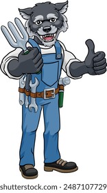 A wolf gardener cartoon gardening animal mascot holding a garden fork tool and giving a thumbs up