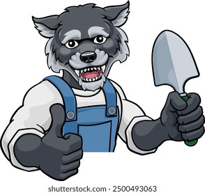 A wolf gardener cartoon gardening animal mascot holding a garden spade tool peeking round a sign and giving a thumbs up