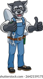 A wolf gardener cartoon gardening animal mascot holding a garden spade tool and giving a thumbs up