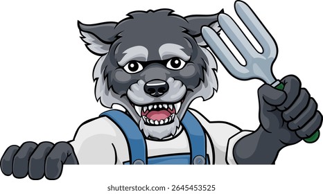 A wolf gardener cartoon gardening animal mascot holding a garden fork tool peeking round a sign