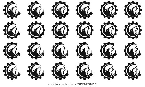 Wolf and gear industrial icon pattern set.