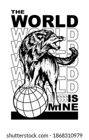 Wolf And Globe Illustration With Slogan Print Design