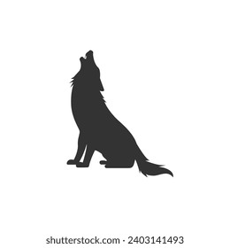 Wolf-Grafiksymbol. Wolf sitzt und hüpft Schild einzeln auf weißem Hintergrund. Vektorgrafik