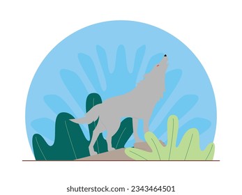 Ein Wolf in grauer Farbe brüllt, steht aufrecht auf einem Felsen, Vektorgrafik in Wäldern.