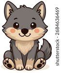 wolf with gray fur, sitting cutely. Great for wild animal or forest-themed designs.