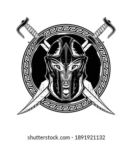 Wolf. Greek fantasy warrior on the background of crossed swords. Spartan. God of war Ares. Vector illustration of an ancient myth for t shirt print. Black tattoo. Grunge style.