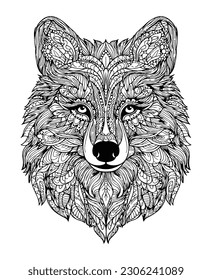 Dibujo del doodle de Wolf Hand, página de coloración del vector dibujada a mano del lobo de la vida silvestre. Página de colorear para niños y adultos. Diseño de impresión, diseño de camisetas, diseño de tatuajes, arte mandala.