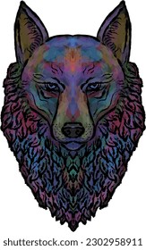 Wolf. Hand drawn symmetrical illustration, wolf head with colored texture. Fairy tale character. Element for design