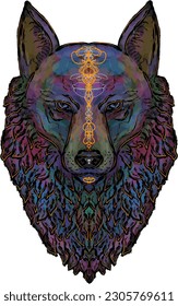 Wolf. Hand drawn symmetrical illustration, wolf head with colored texture. Fairy tale character. Element for design	
