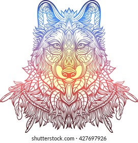 Wolf. Hand-drawn wolf with ethnic floral doodle pattern. Coloring page - zendala, design for tattoo, t-shirt print svg