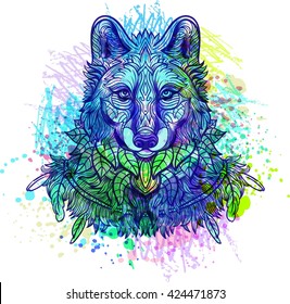 Wolf. Hand-drawn wolf side view with ethnic floral doodle pattern. Coloring page - zendala, design for tattoo, t-shirt print