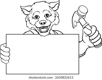 Um faz-tudo lobo ou carpinteiro personagem mascote homem de construção caricatura segurando uma ferramenta de martelo