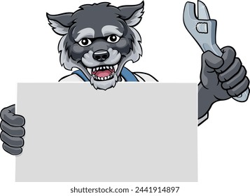 A wolf handyman, mechanic, plumber or other construction cartoon mascot man holding a wrench or spanner tool.