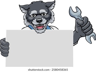 A wolf handyman, mechanic, plumber or other construction cartoon mascot man holding a wrench or spanner tool.