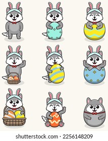 Wolf Happy Easter. Cute Wolf on the Easter theme in cartoon. Vector illustration. Isolated on white background. Easter holiday vector set.