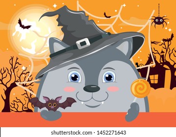 Wolf in a hat with a candy bat on the background of a night landscape Halloween house full Moon. Vector illustration.