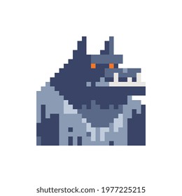 Wolf head animal with yellow eyes abstract Logo for game design. Halloween monster. Pixel art style. 8-bit. Isolated vector illustration. Game assets. Design for stickers, web, mobile app.