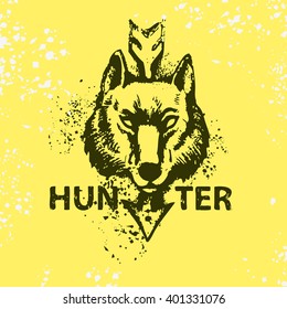 Wolf head and the arrow. Vector illustration on yellow  background  