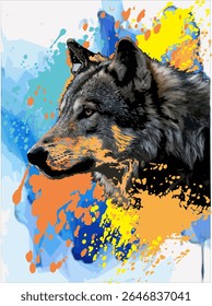 wolf head art image with colored paint strokes background