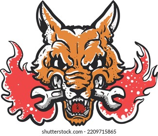 wolf head biting wrench icon illustration retro garage style mascot 