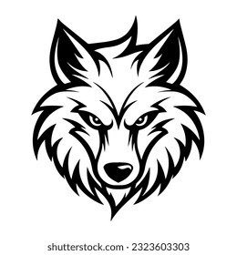 Wolf head black outline art. Wild animal mascot vector illustration.